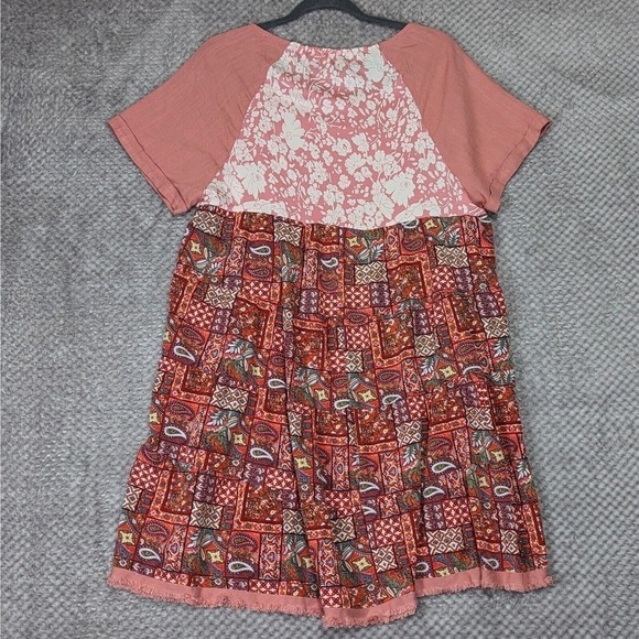 Umgee Linen Hi Low Tunic Mini Dress Medium Pink Boho Paisley Floral Fringe - Picture 2 of 7